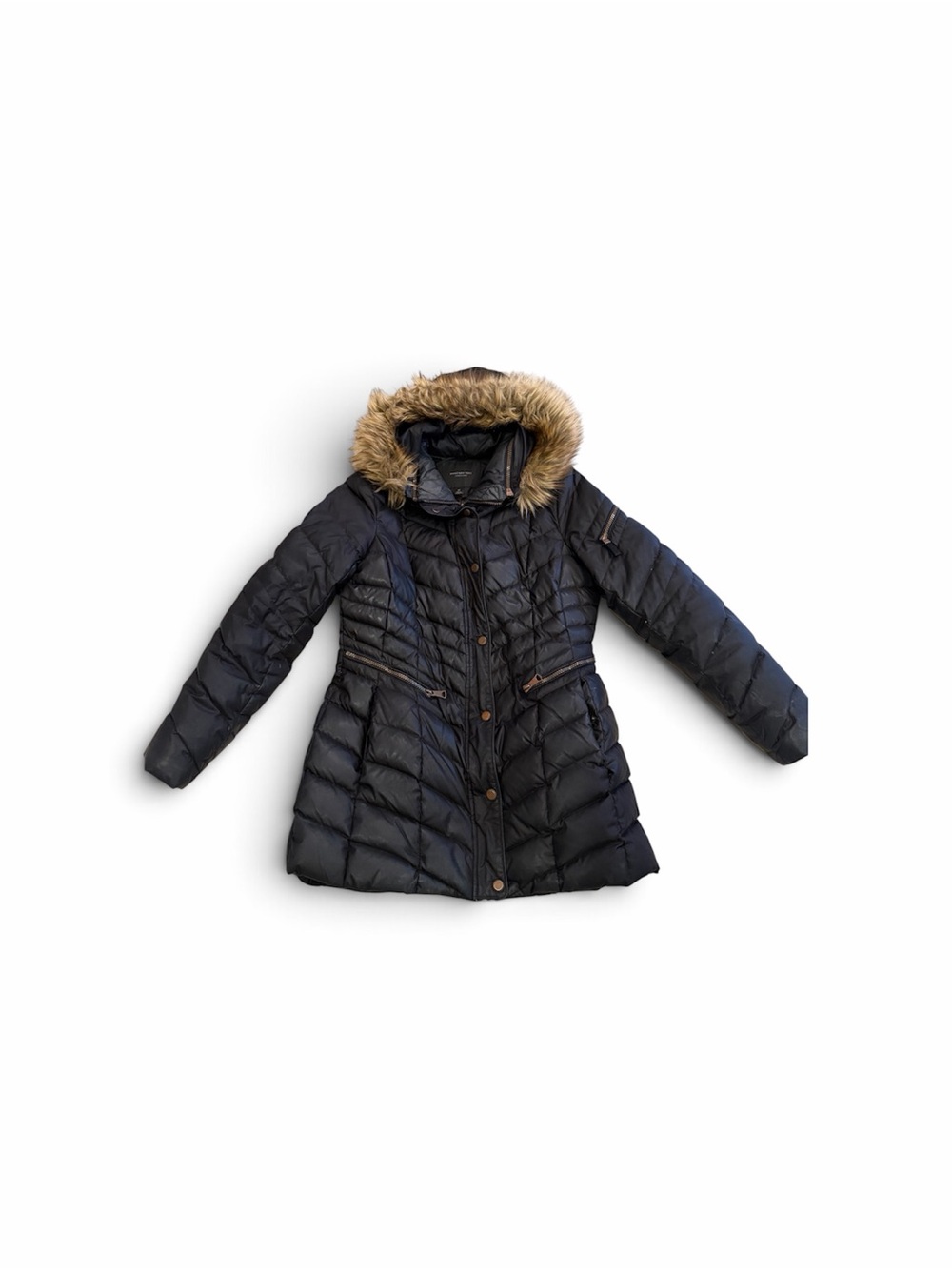 Marc New York Women's Black 3/4 length Puffer Coat with Faux Fur Trim